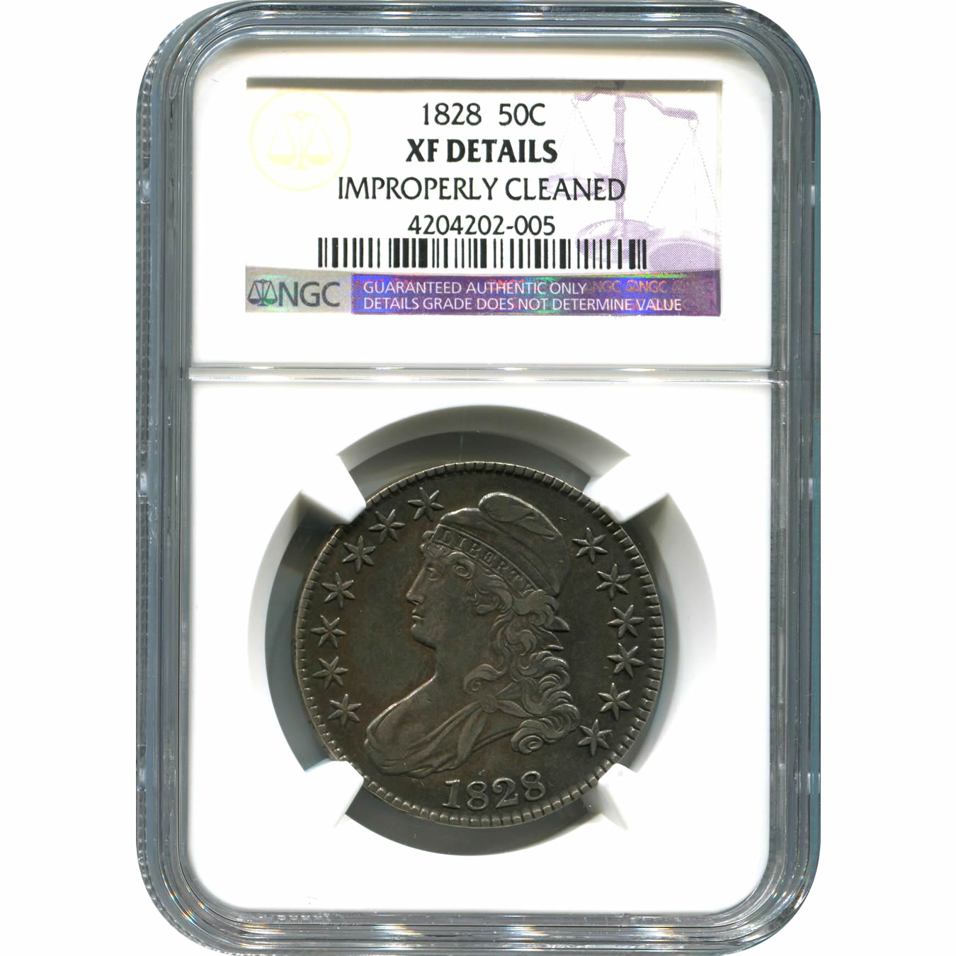 Certified Bust Half Dollar 1828 XF Details (Improperly Cleaned) NGC